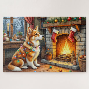 Azawakh sitzt neben dem Kamin mit Weihnachtsbeleuc Puzzle