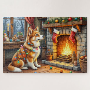 Azawakh sitzt neben Kamin mit Weihnachtsbeleuchtun Puzzle