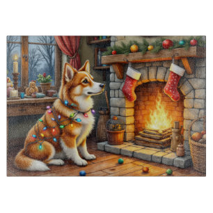 Azawakh sitzt neben Kamin mit Weihnachtsbeleuchtun Schneidebrett