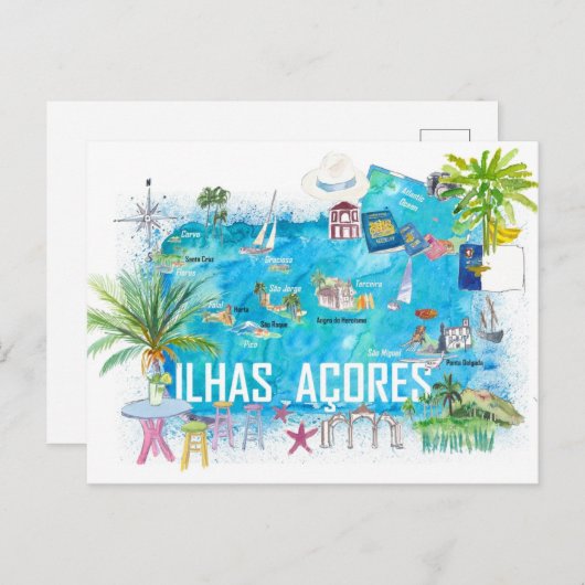 Azoren Inseln Portugal Illustrierte Karte (Vorne/Hinten)