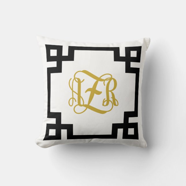 AZR Black and Gold Greece Key Script Monogram Kissen (Vorderseite)