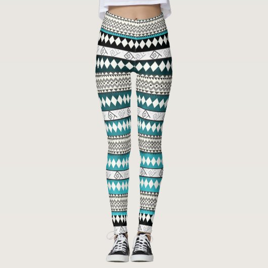 Aztec Aquamarin Blue Geometric Abstraktes Muster Leggings (Vorderseite)