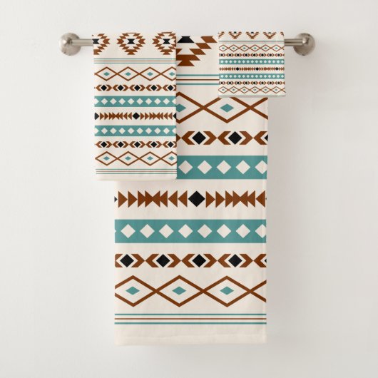 Aztec Aquamarin Terracotta-Schwarz-Creme-Mischmust Badhandtuch Set (Insitu)