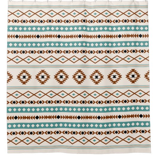 Aztec Aquamarin Terracotta-Schwarz-Creme-Mischmust Duschvorhang (Vorderseite)