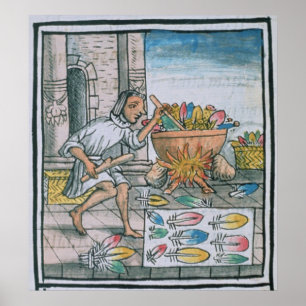 Aztec artisans dyeing feathers poster