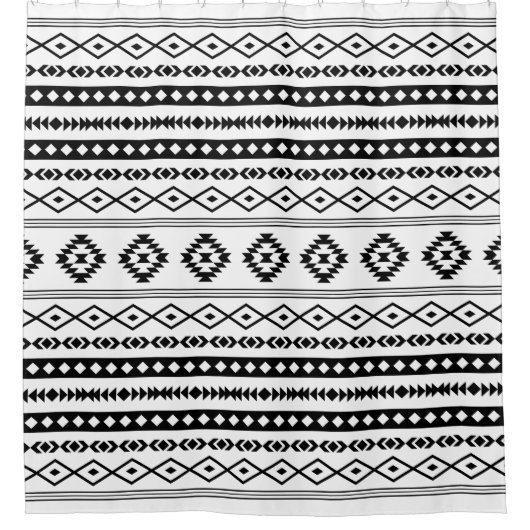 Aztec Black on White Mixed Motifs Muster Duschvorhang (Vorderseite)