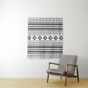 Aztec Black on White Mixed Motifs Muster Wandteppich