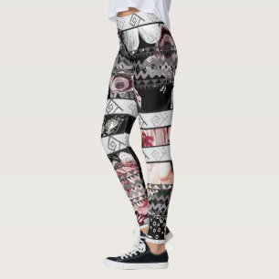 Aztec-Blumenmuster in Rosa, Lila und Schwarz Leggings