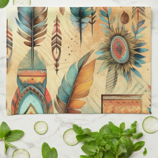 Aztec Boho Tribal Blue Feathers Geschirrtuch (Gefaltet)