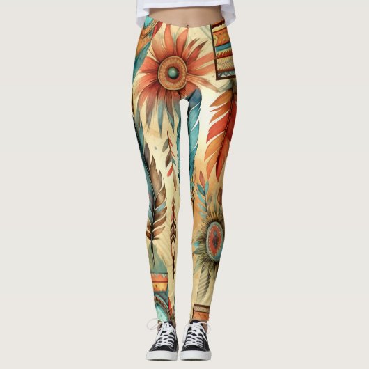 Aztec Boho Tribal Blue Feathers Leggings (Vorderseite)