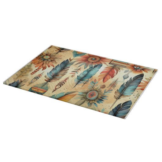 Aztec Boho Tribal Blue Feathers Schneidebrett (Ecke)