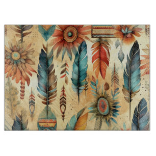 Aztec Boho Tribal Blue Feathers Schneidebrett