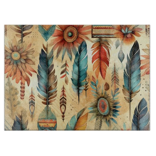 Aztec Boho Tribal Blue Feathers Schneidebrett (Vorderseite)