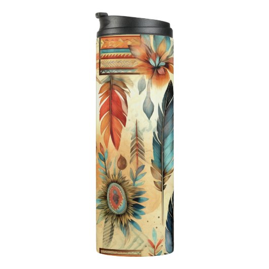Aztec Boho Tribal Blue Feathers Thermosbecher (Nach rechts gedreht)
