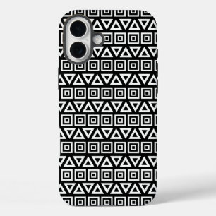 Aztec Dreiecke+Quadrate Muster Weiß auf Schwarz iPhone 16 Plus Hülle