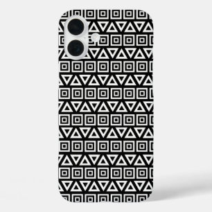 Aztec Dreiecke+Quadrate Muster Weiß auf Schwarz iPhone 16 Plus Hülle