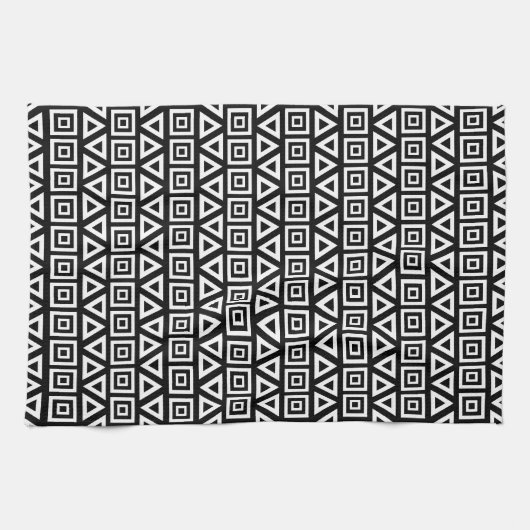Aztec Dreiecke+Quadrate Muster Weiß auf Schwarz Geschirrtuch (Horizontal)
