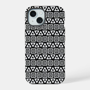Aztec Dreiecke+Quadrate Muster Weiß auf Schwarz iPhone 15 Hülle
