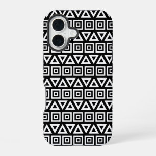 Aztec Dreiecke+Quadrate Muster Weiß auf Schwarz iPhone 16 Hülle
