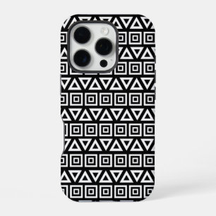 Aztec Dreiecke+Quadrate Muster Weiß auf Schwarz iPhone 16 Pro Hülle