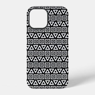 Aztec Dreiecke+Quadrate Muster Weiß auf Schwarz iPhone 12 Hülle
