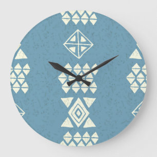 Aztec Ethnic: Blue Geometric Seamless. Große Wanduhr