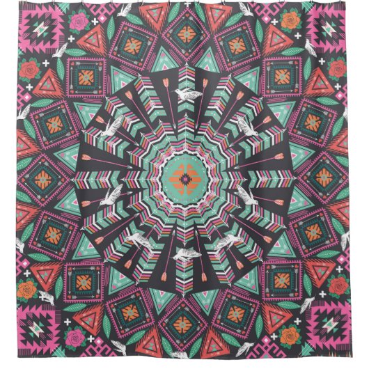 Aztec Geometric: farbiges Zirkelmuster Duschvorhang (Vorderseite)