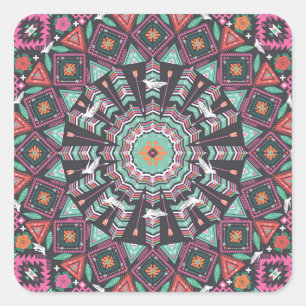 Aztec Geometric: farbiges Zirkelmuster Quadratischer Aufkleber