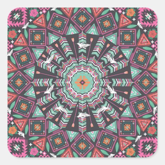 Aztec Geometric: farbiges Zirkelmuster Quadratischer Aufkleber (Vorderseite)