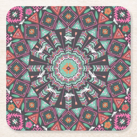 Aztec Geometric: farbiges Zirkelmuster Rechteckiger Pappuntersetzer (Vorderseite)