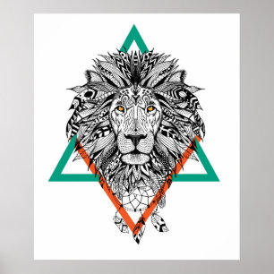 Aztec Geometric Lion Portrait Poster