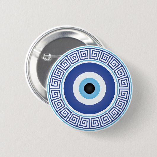 Aztec Greece Circle Key Evil Eye Blue White Button (Vorne & Hinten)