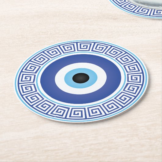 Aztec Greece Circle Key Evil Eye Blue White Runder Pappuntersetzer (Angewinkelt)