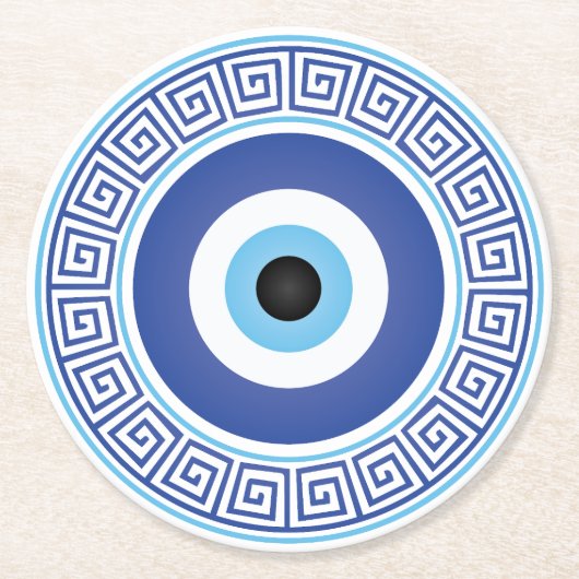 Aztec Greece Circle Key Evil Eye Blue White Runder Pappuntersetzer (Vorderseite)
