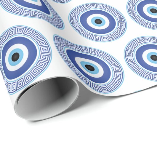 Aztec Griechisch Key Evil Eye Muster Blau Geschenkpapier (Rolleneckpunkt)