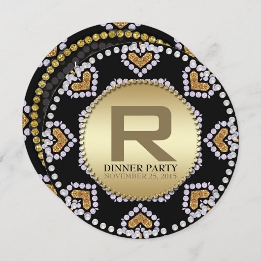 Aztec Hearts Gold Black Dinner Party Runde lädt ei Einladung (Vorne/Hinten)