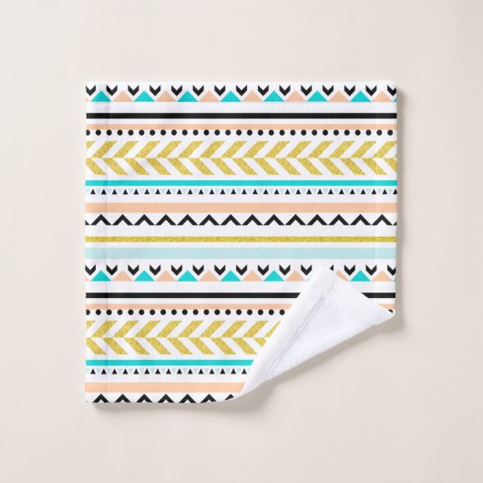 Aztec Inspiriertes goldfarbenes rosa geometrisches Badhandtuch Set (Waschlappen)