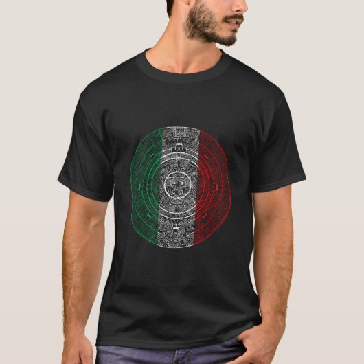 Aztec Mexica Kalender Mexikanische Flagge Kunst T-Shirt (Vorderseite)