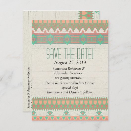 Aztec Native Pastel Peach/Aqua Save the Date Ankündigungspostkarte (Vorne/Hinten)