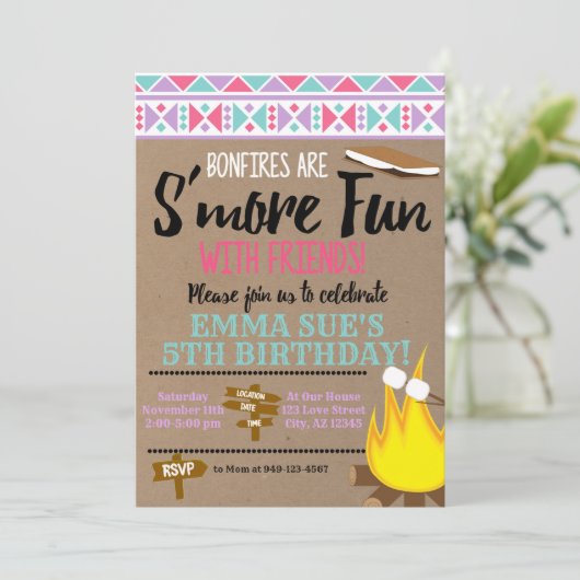 Aztec Pink Aquamarin S'more fun mit Freunden Gebur Einladung (Stehend Vorderseite)