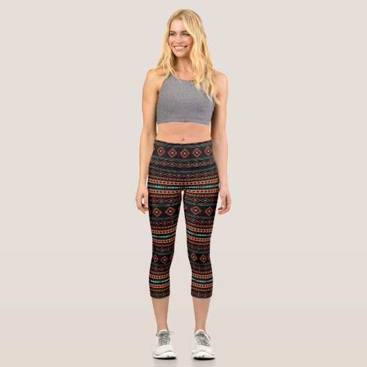 Aztec Rusts Aquamarines Schwarz Mixed Motifs-Muste Capri Leggings (Vorderseite)