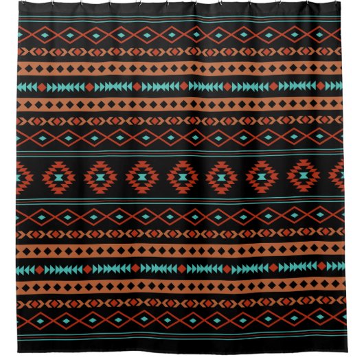 Aztec Rusts Aquamarines Schwarz Mixed Motifs-Muste Duschvorhang (Vorderseite)