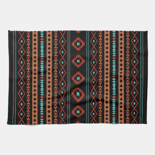 Aztec Rusts Aquamarines Schwarz Mixed Motifs-Muste Geschirrtuch (Horizontal)
