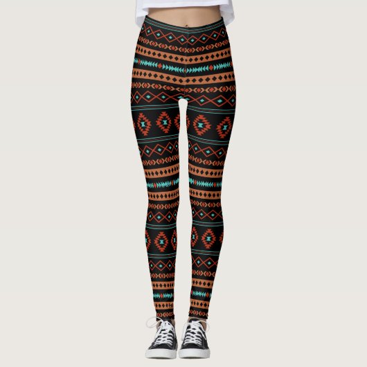 Aztec Rusts Aquamarines Schwarz Mixed Motifs-Muste Leggings (Vorderseite)