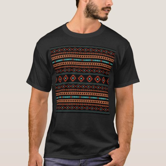 Aztec Rusts Aquamarines Schwarz Mixed Motifs-Muste T-Shirt (Vorderseite)