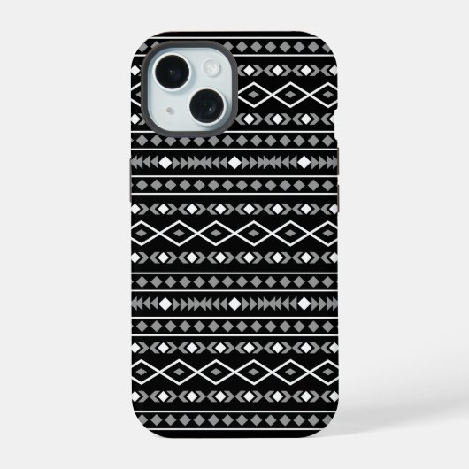 Aztec Shapes Pattern Grau Schwarz iPhone 15 Hülle (Rückseite)