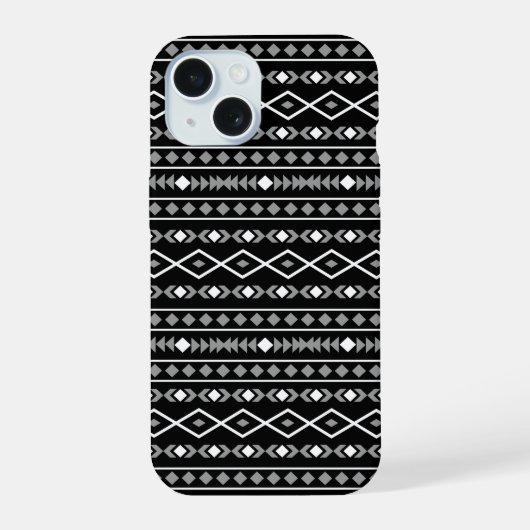 Aztec Shapes Pattern Grau Schwarz iPhone 15 Hülle (Rückseite)