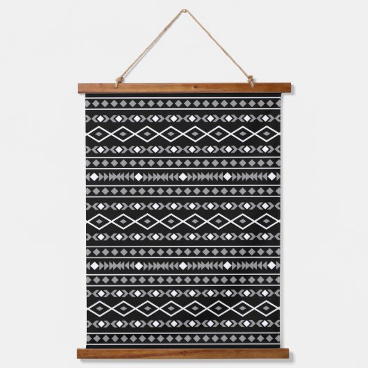 Aztec Shapes Pattern Grau Schwarz Wandteppich Mit Holzrahmen (Vorderseite)