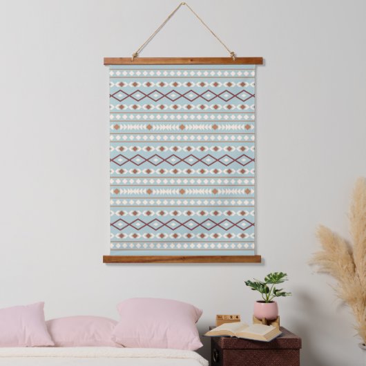 Aztec Shapes Pattern Rusts Cream Aquamarin-blau Wandteppich Mit Holzrahmen (Schlafzimmer)