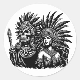Aztec Skeleton Warrior mit Prinzessin Art Runder Aufkleber